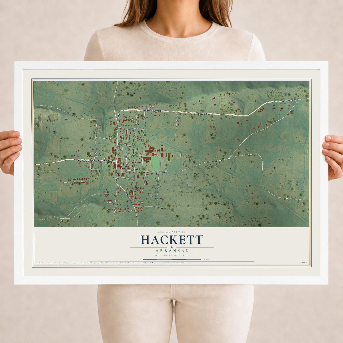 Map of Hackett, Arkansas, 18 x 24 inch print in a white wood frame