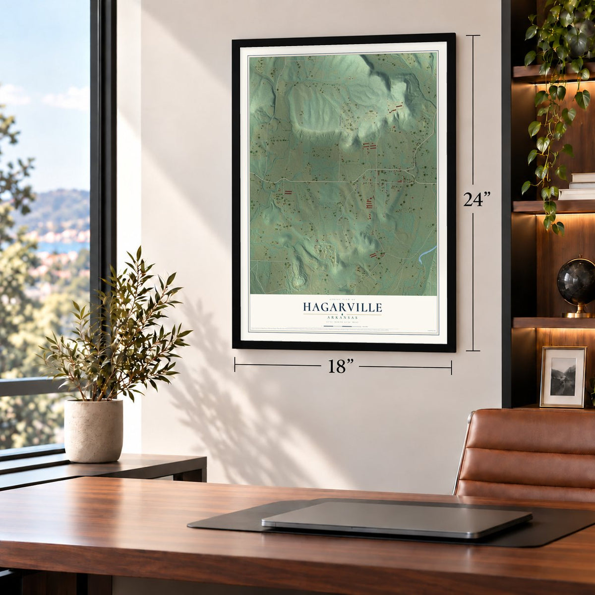 Hagarville, Arkansas map, 18 x 24 inch print in a black frame in a home office