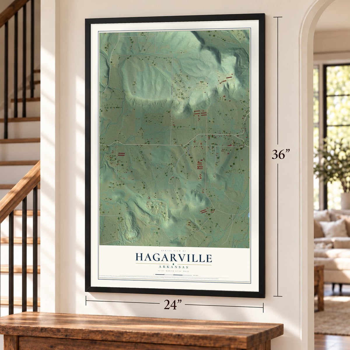 Hagarville, Arkansas map, 24 x 36 inch print in a black frame by a staircase