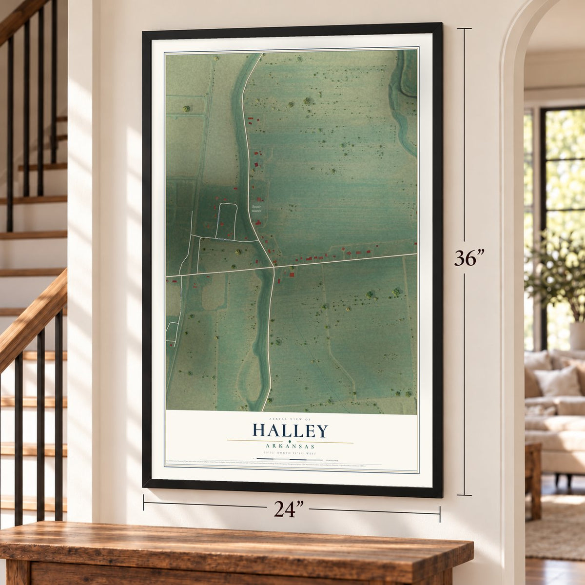 Halley, Arkansas map, 24 x 36 inch print in a black frame by a staircase