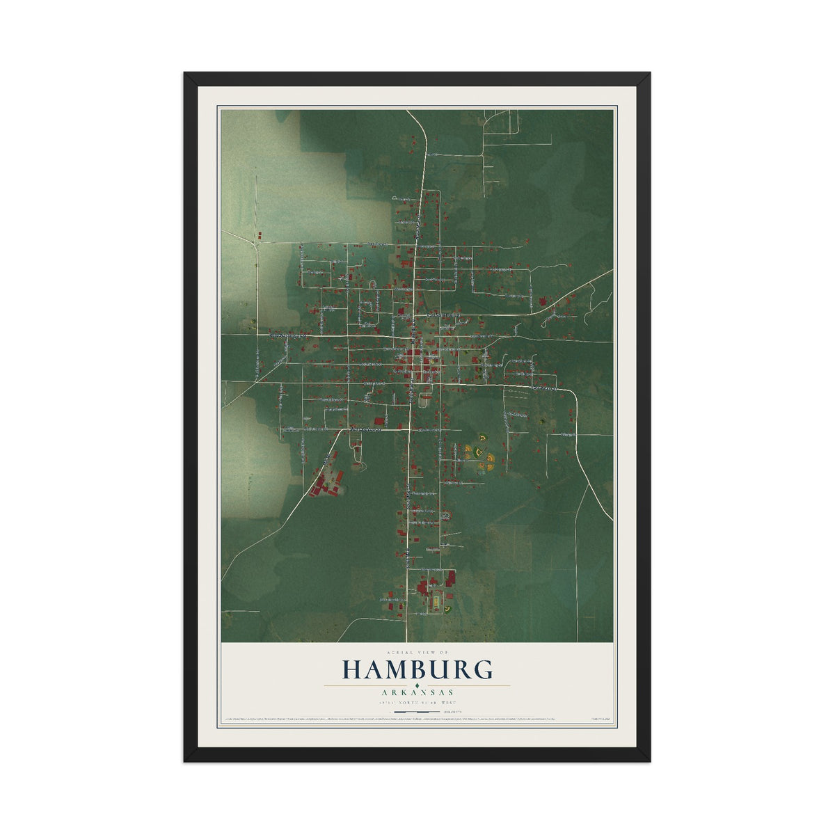 Map of Hamburg, Arkansas, 12 x 18 inch print in a black wood frame