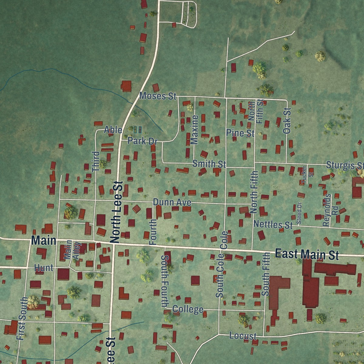 Close-up of the map of Hampton, Arkansas print showing street and building detail