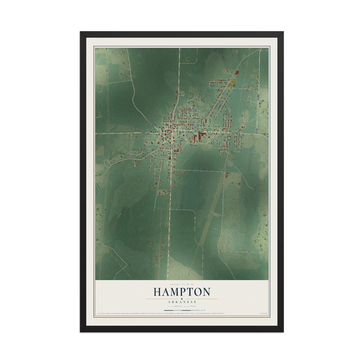 Map of Hampton, Arkansas, 12 x 18 inch print in a black wood frame