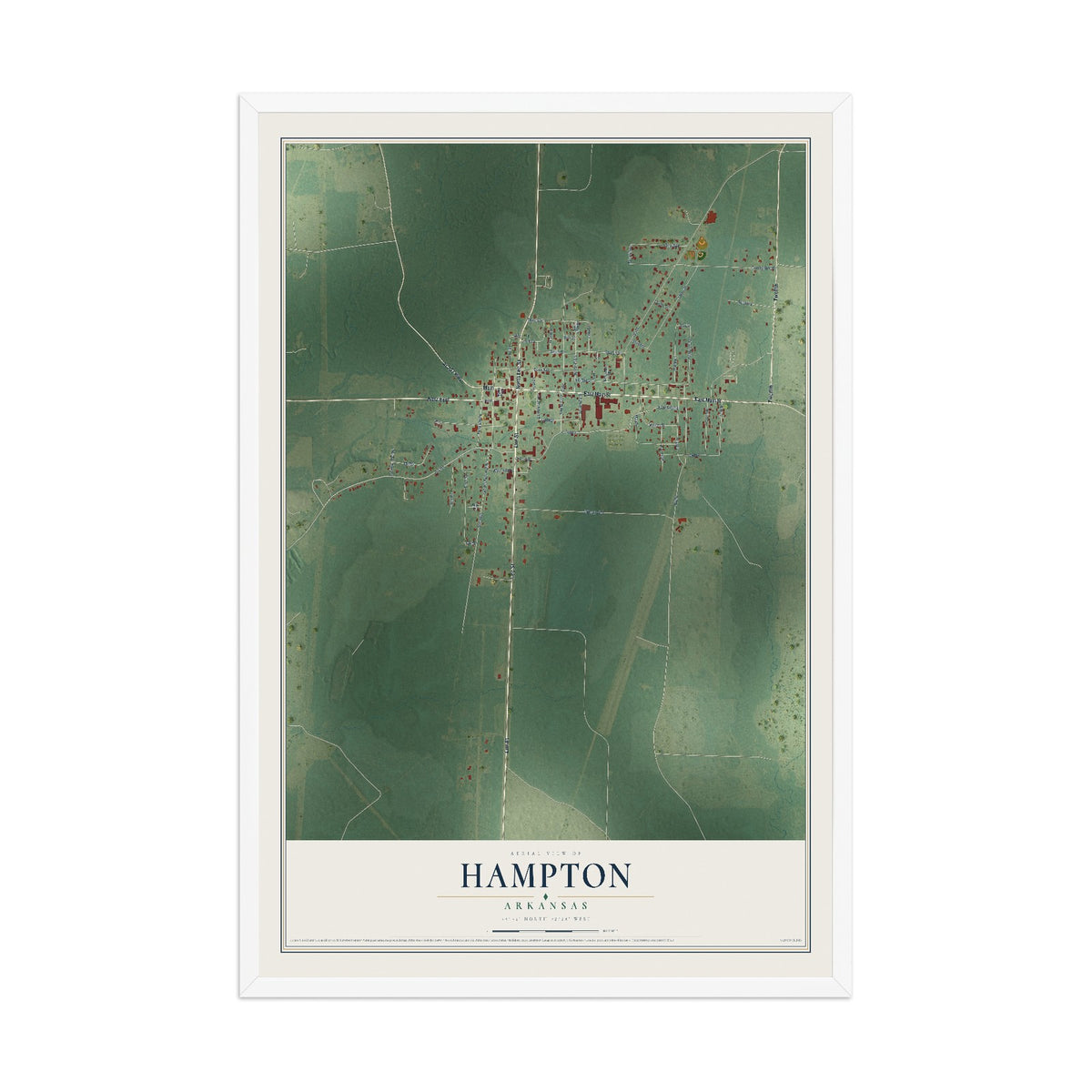 Map of Hampton, Arkansas, 12 x 18 inch print in a white wood frame