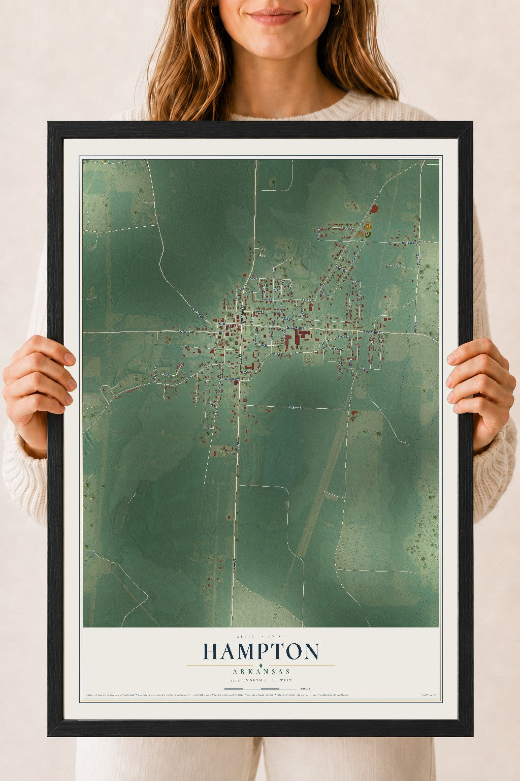 Map of Hampton, Arkansas, 18 x 24 inch print in a black wood frame