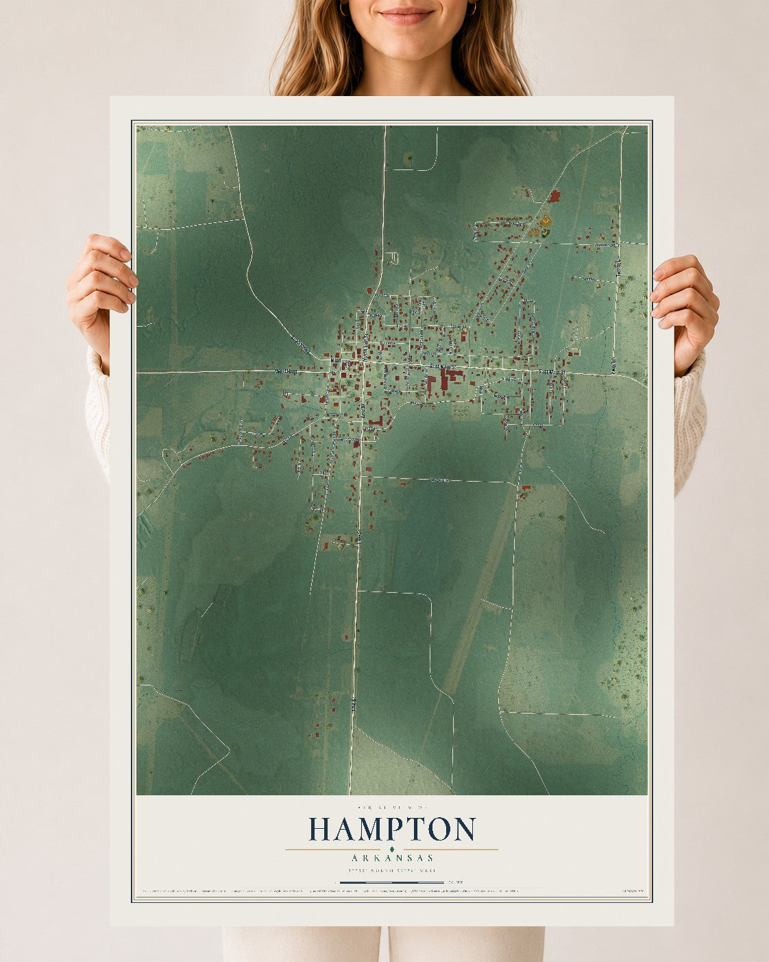 Map of Hampton, Arkansas, 24 x 36 inch unframed archival matte print
