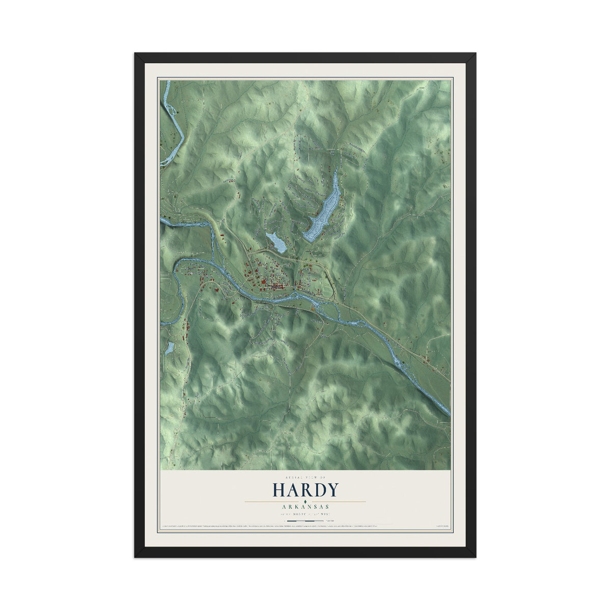 Map of Hardy, Arkansas, 12 x 18 inch print in a black wood frame