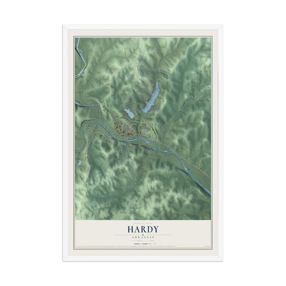 Map of Hardy, Arkansas, 12 x 18 inch print in a white wood frame