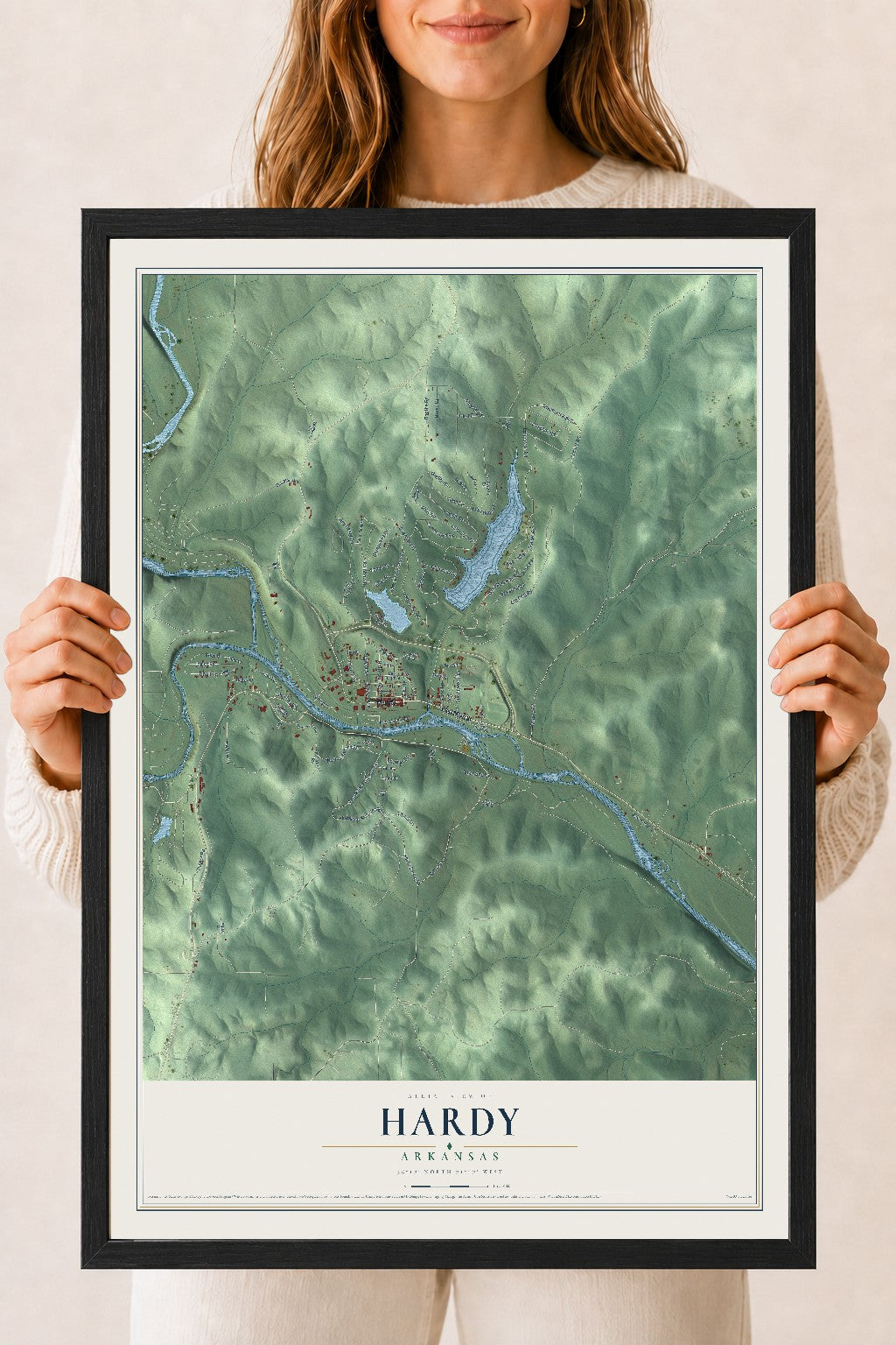 Map of Hardy, Arkansas, 18 x 24 inch print in a black wood frame