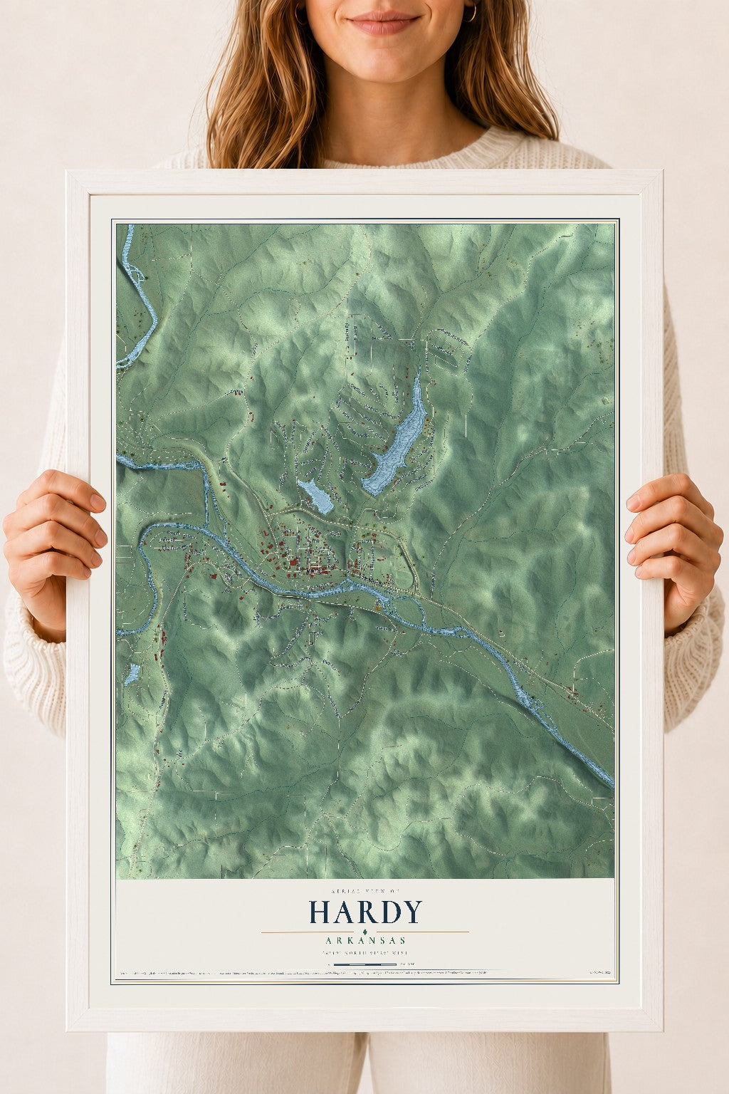 Map of Hardy, Arkansas, 18 x 24 inch print in a white wood frame