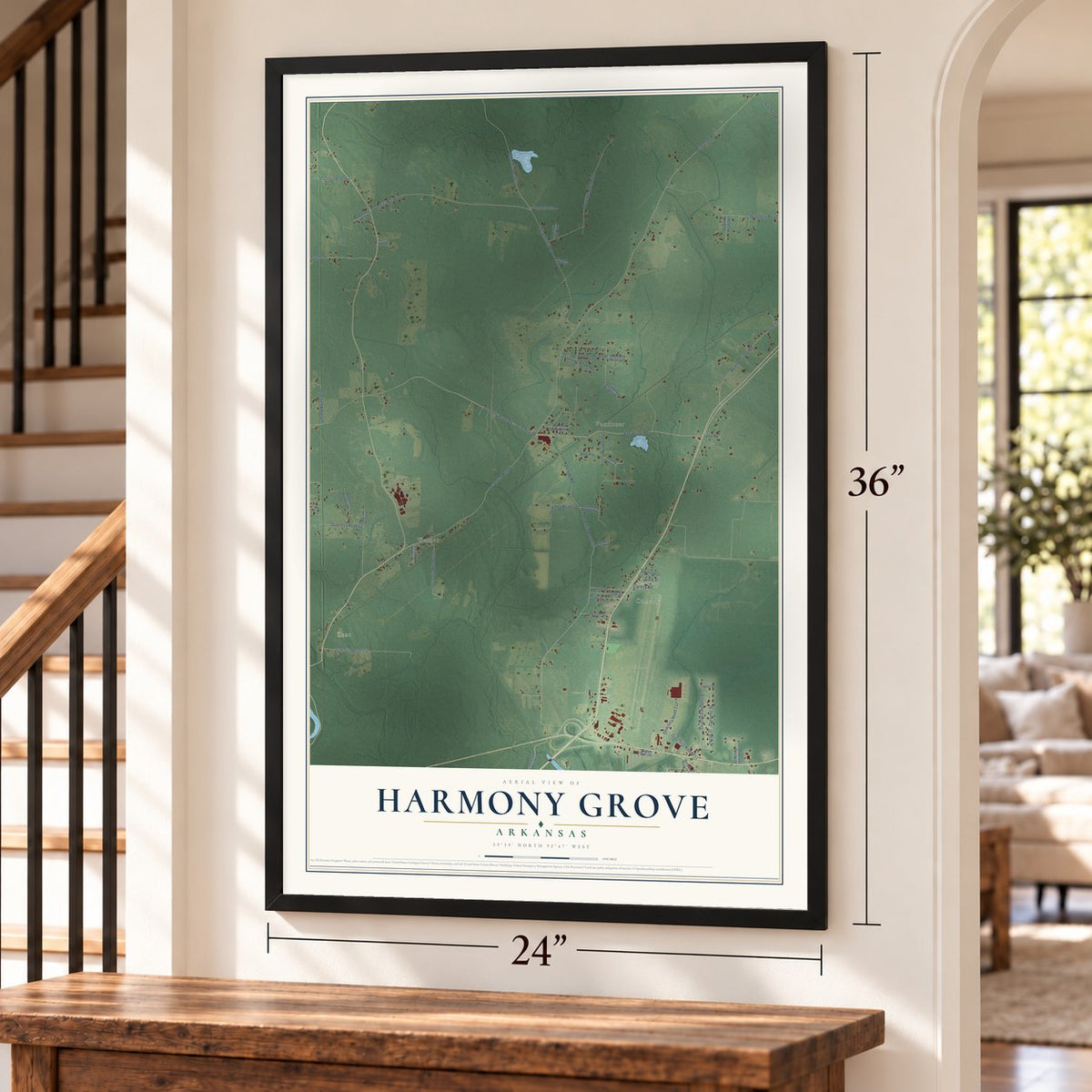 Harmony Grove, Arkansas map, 24 x 36 inch print in a black frame by a staircase