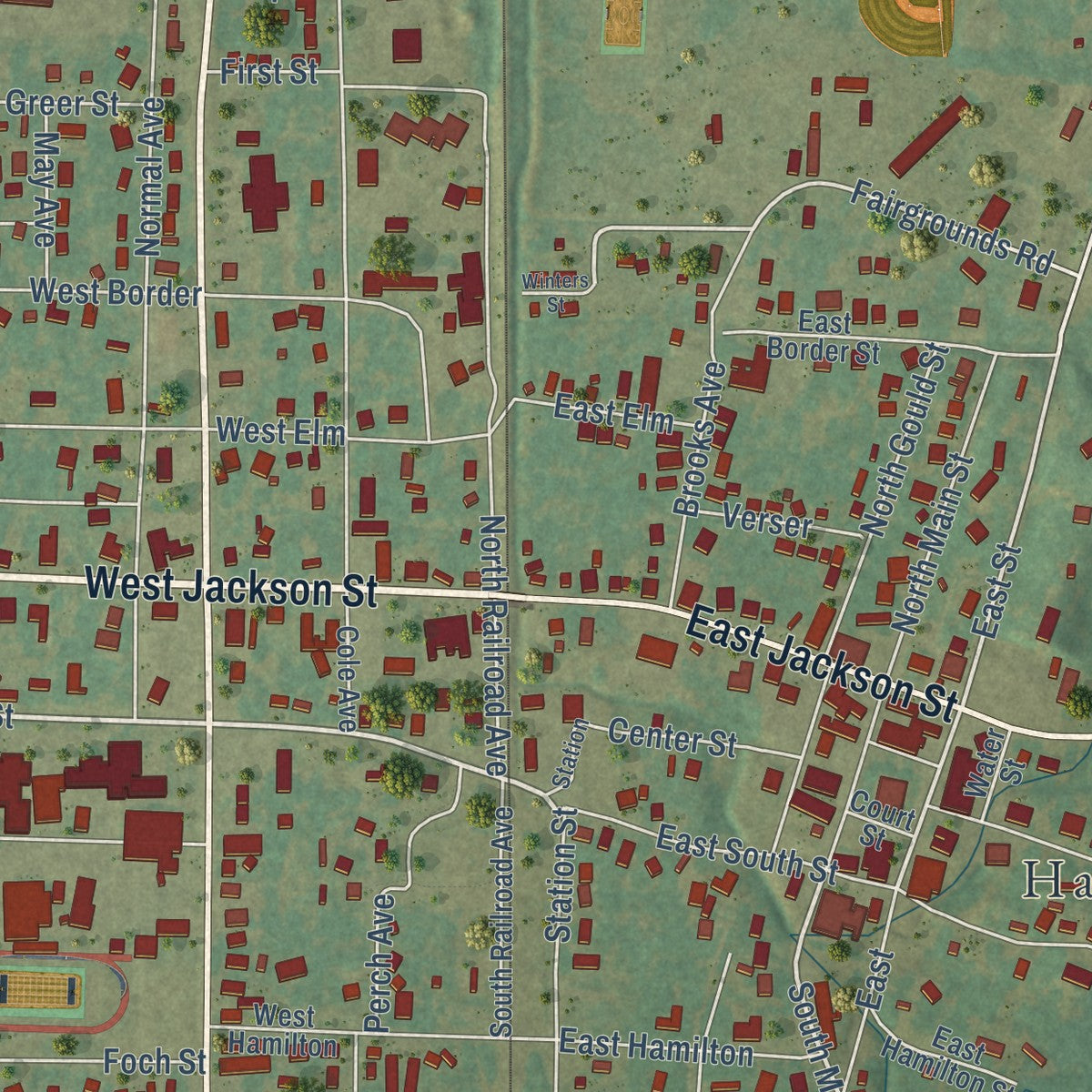 Close-up of the map of Harrisburg, Arkansas print showing street and building detail