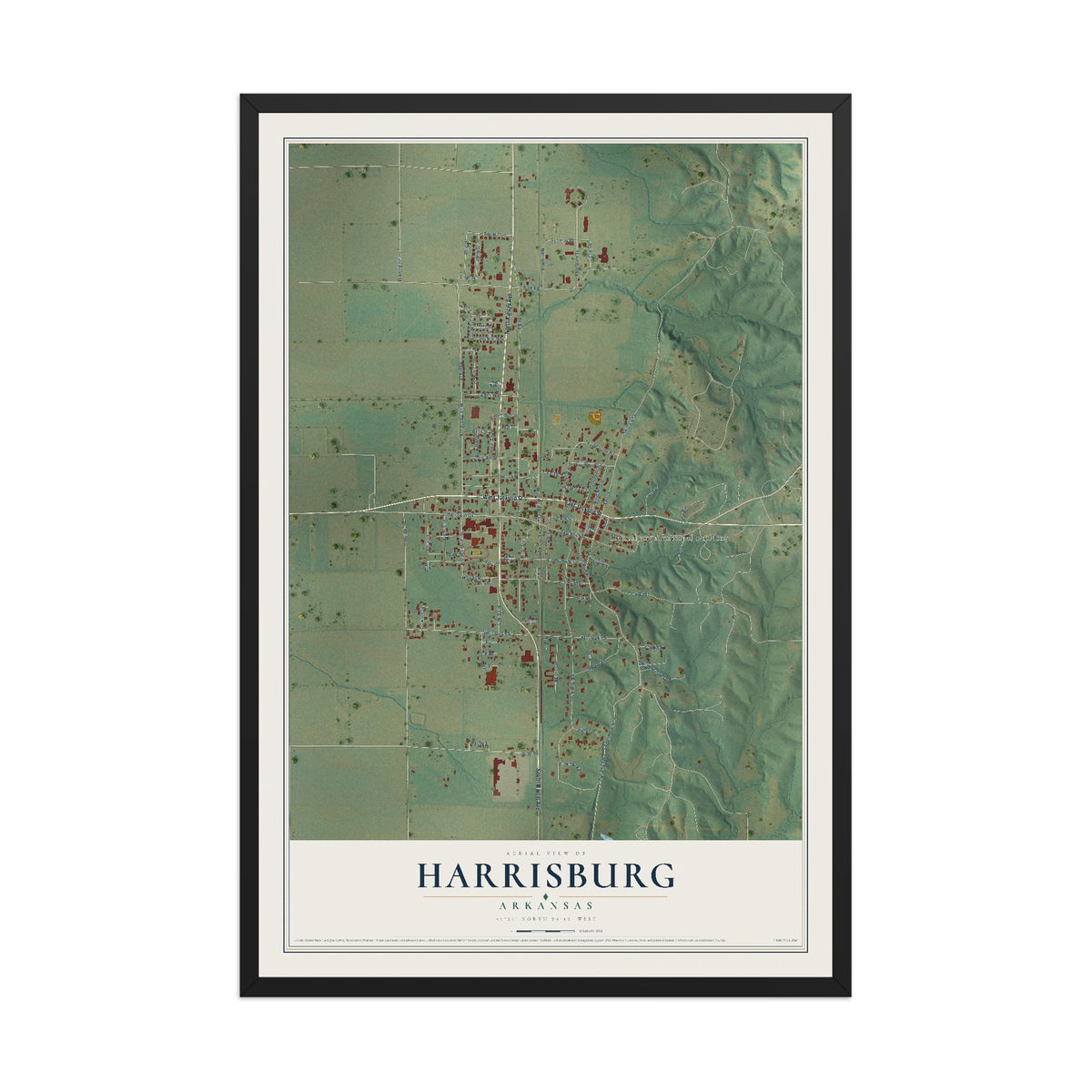 Map of Harrisburg, Arkansas, 12 x 18 inch print in a black wood frame
