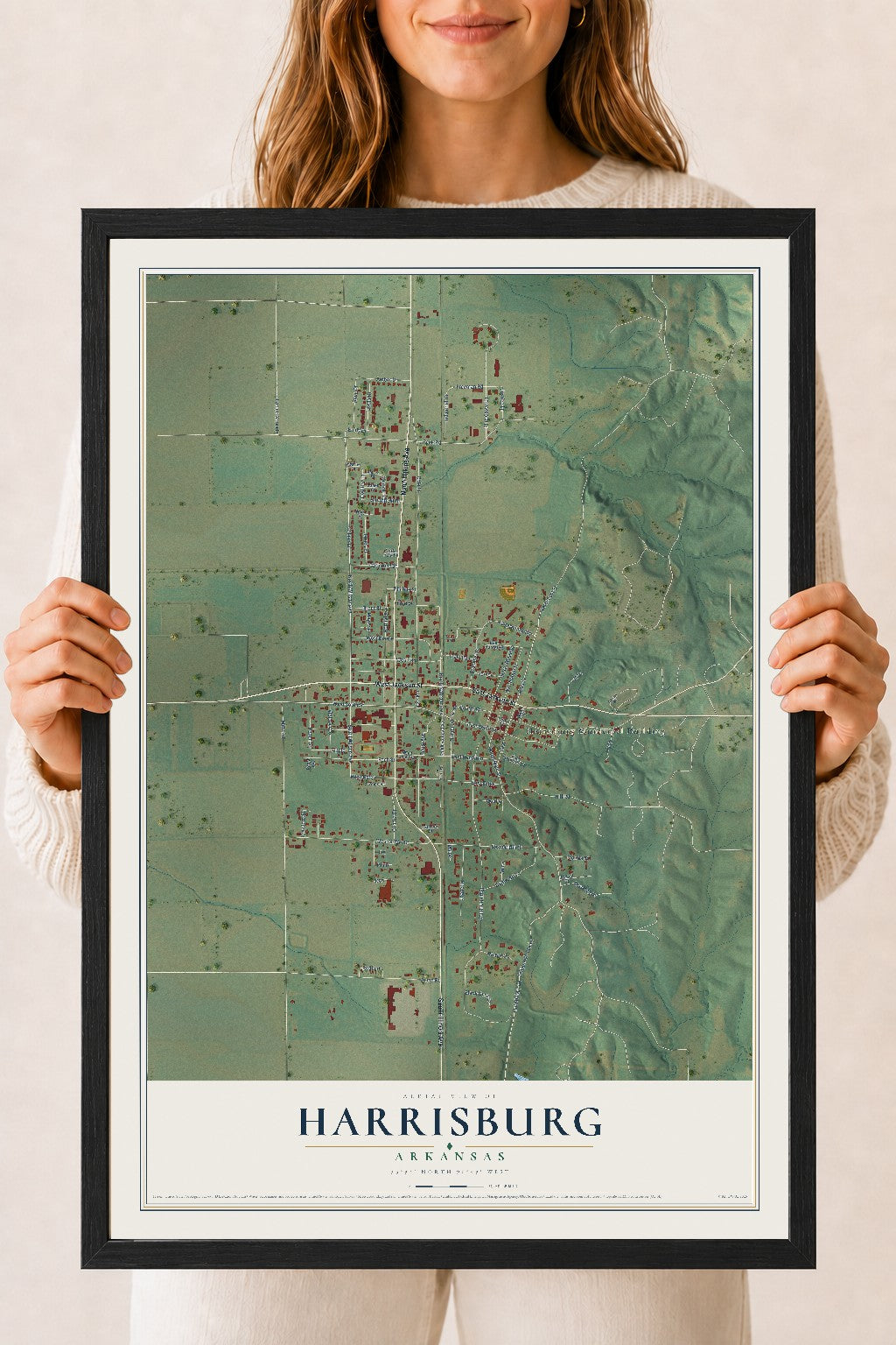 Map of Harrisburg, Arkansas, 18 x 24 inch print in a black wood frame