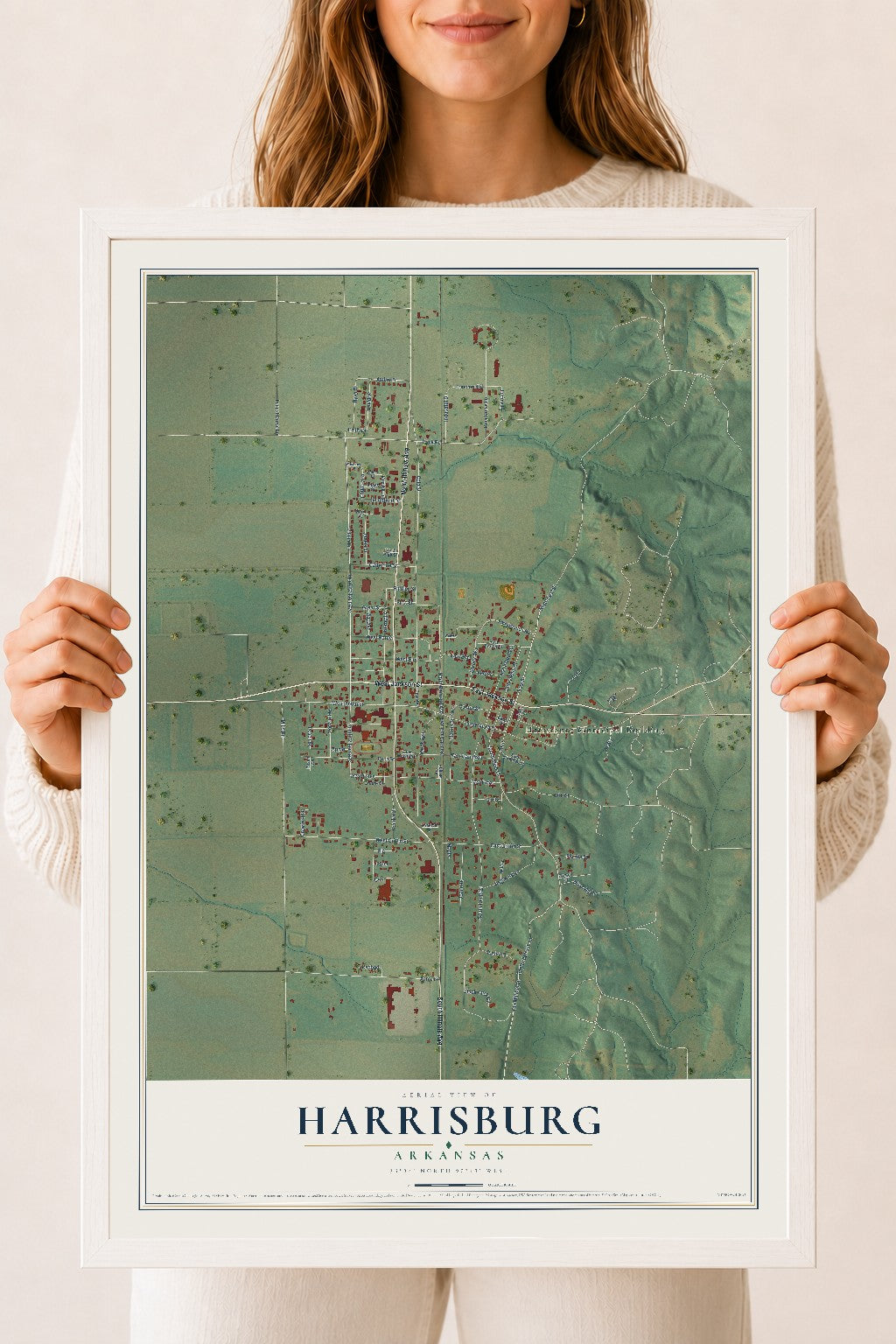 Map of Harrisburg, Arkansas, 18 x 24 inch print in a white wood frame