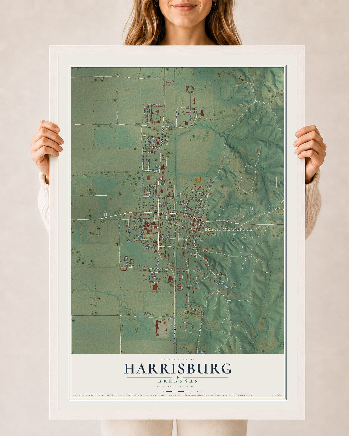 Map of Harrisburg, Arkansas, 24 x 36 inch print in a white wood frame