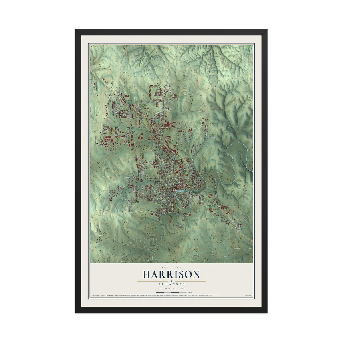Map of Harrison, Arkansas, 12 x 18 inch print in a black wood frame
