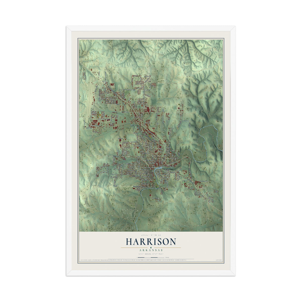 Map of Harrison, Arkansas, 12 x 18 inch print in a white wood frame