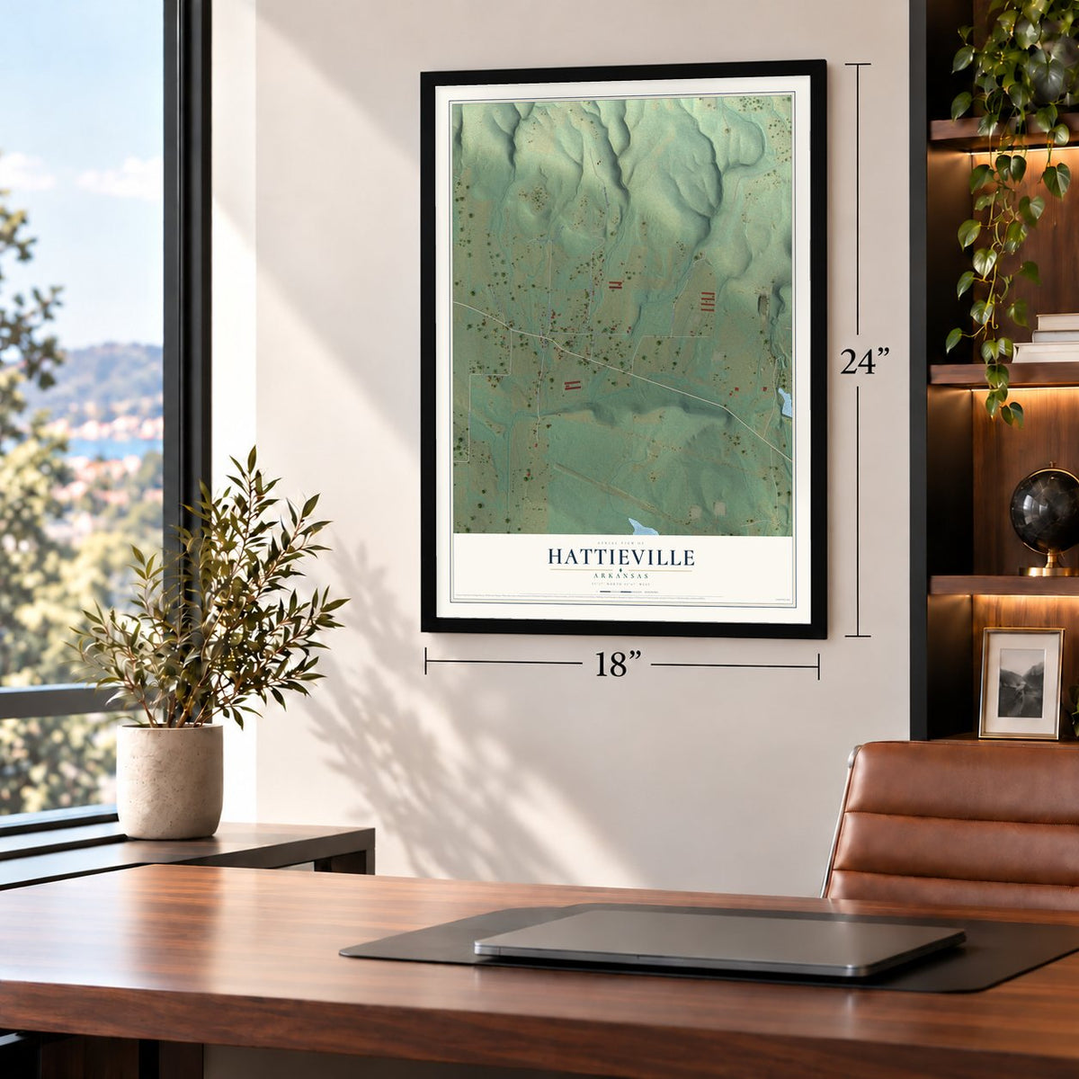 Hattieville, Arkansas map, 18 x 24 inch print in a black frame in a home office