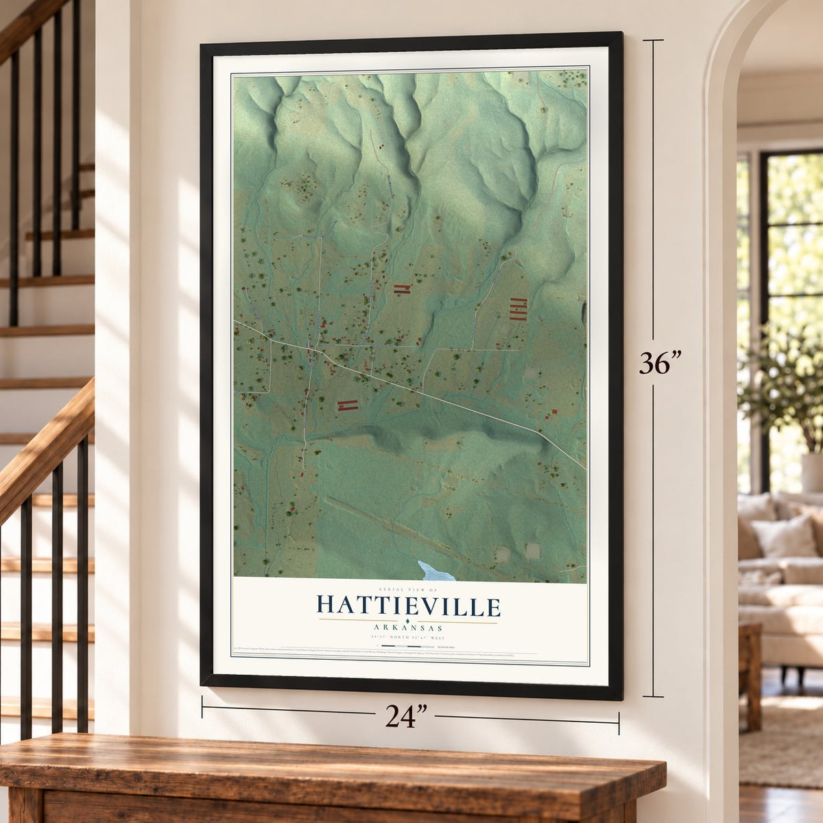 Hattieville, Arkansas map, 24 x 36 inch print in a black frame by a staircase