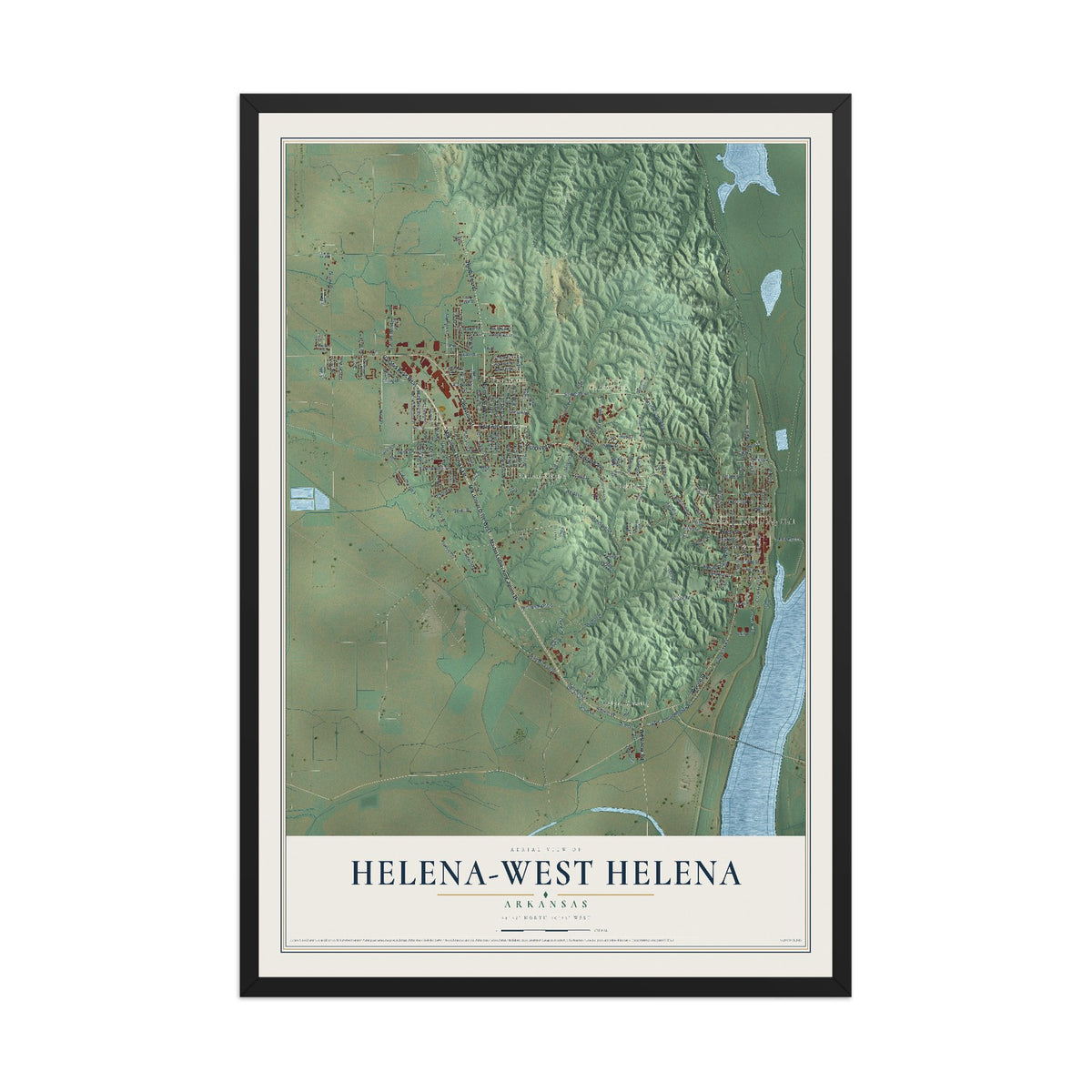Map of Helena-West Helena, Arkansas, 12 x 18 inch print in a black wood frame