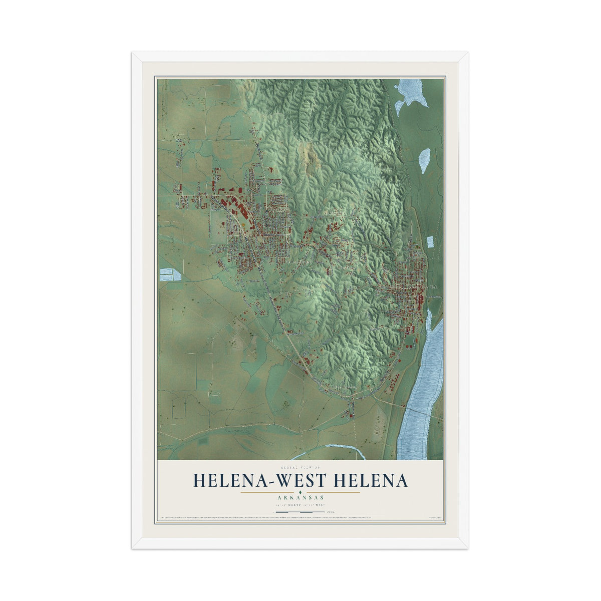 Map of Helena-West Helena, Arkansas, 12 x 18 inch print in a white wood frame
