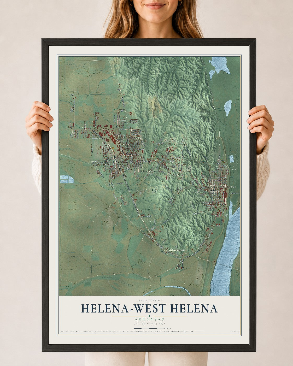 Map of Helena-West Helena, Arkansas, 24 x 36 inch print in a black wood frame