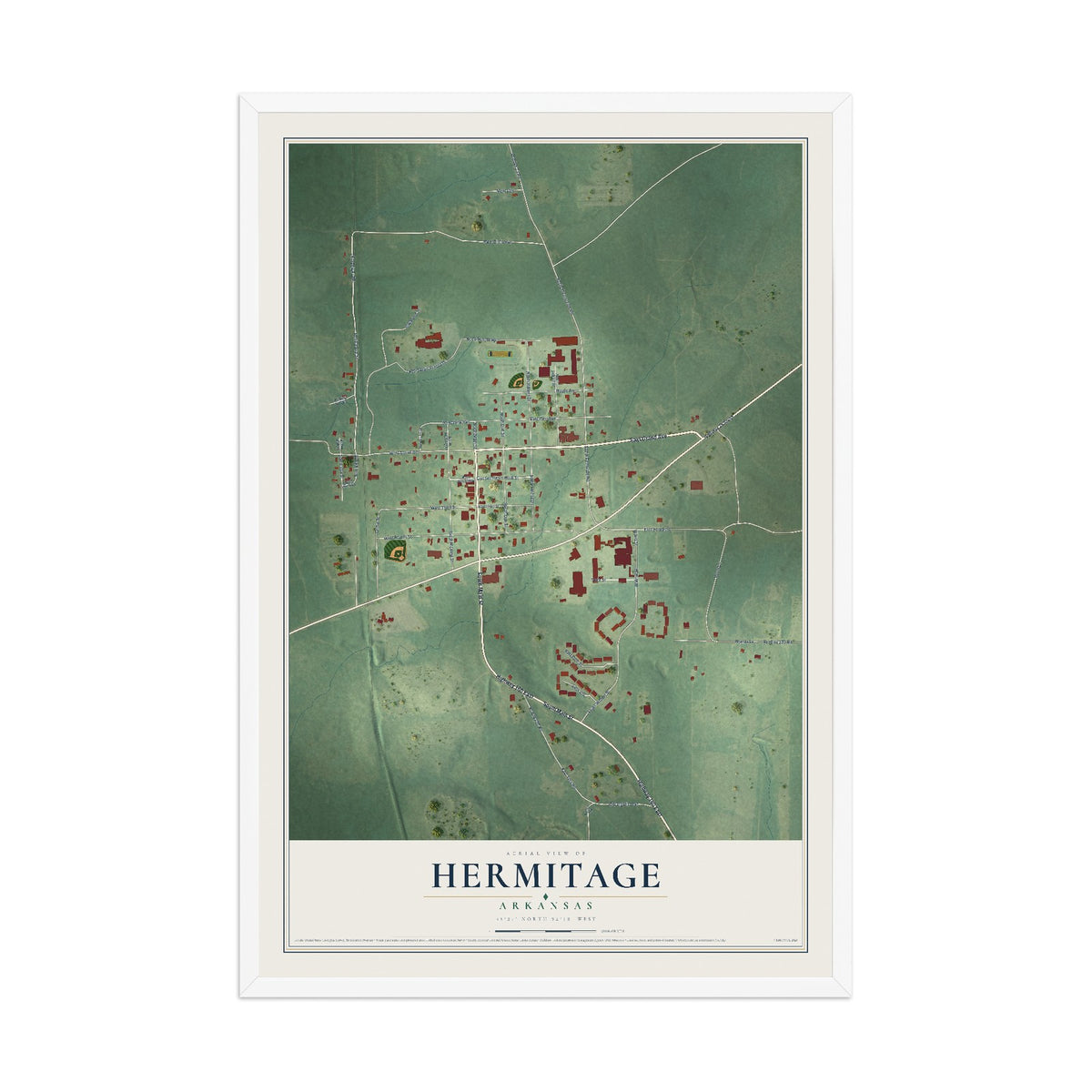 Map of Hermitage, Arkansas, 12 x 18 inch print in a white wood frame