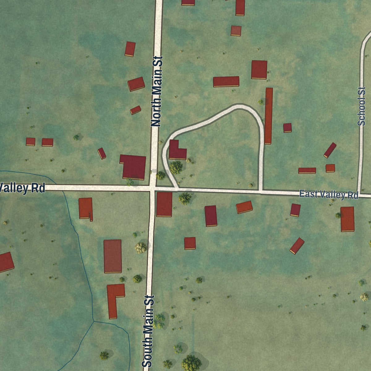 Close-up of the map of Hindsville, Arkansas print showing street and building detail