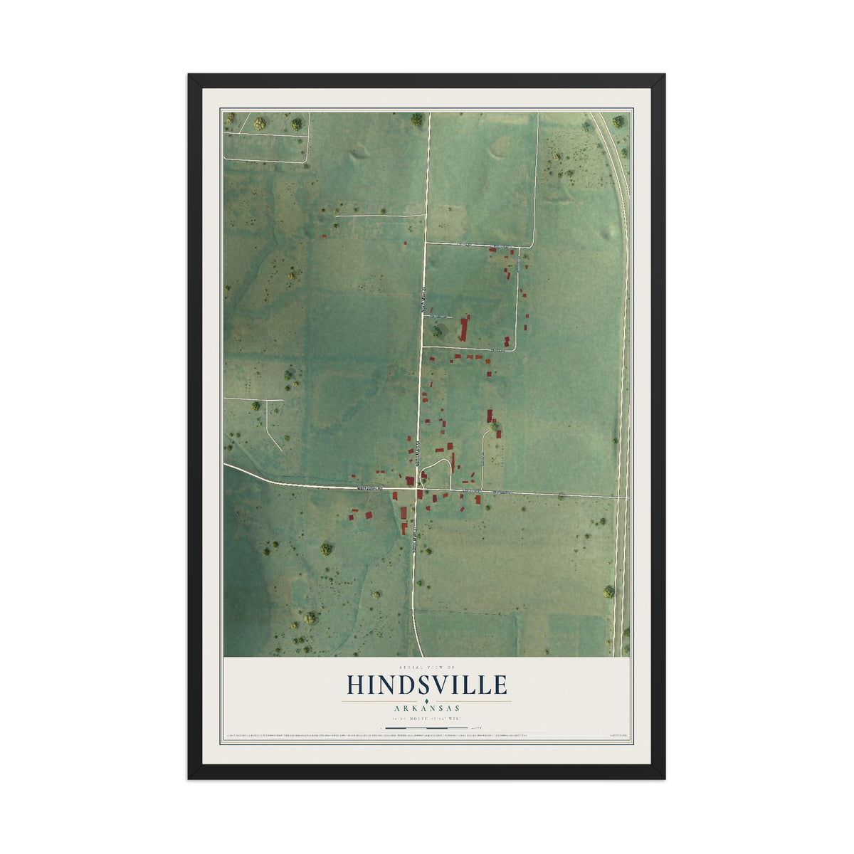 Map of Hindsville, Arkansas, 12 x 18 inch print in a black wood frame