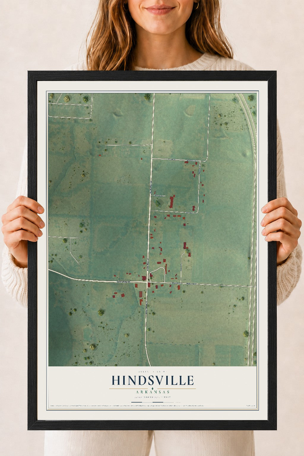 Map of Hindsville, Arkansas, 18 x 24 inch print in a black wood frame