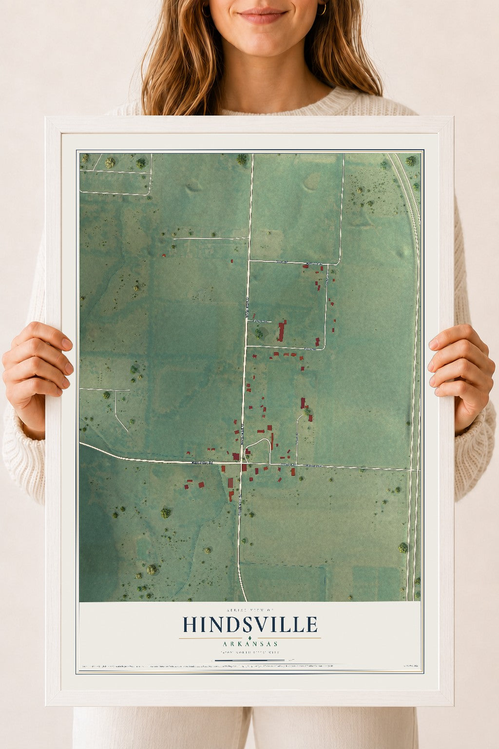 Map of Hindsville, Arkansas, 18 x 24 inch print in a white wood frame