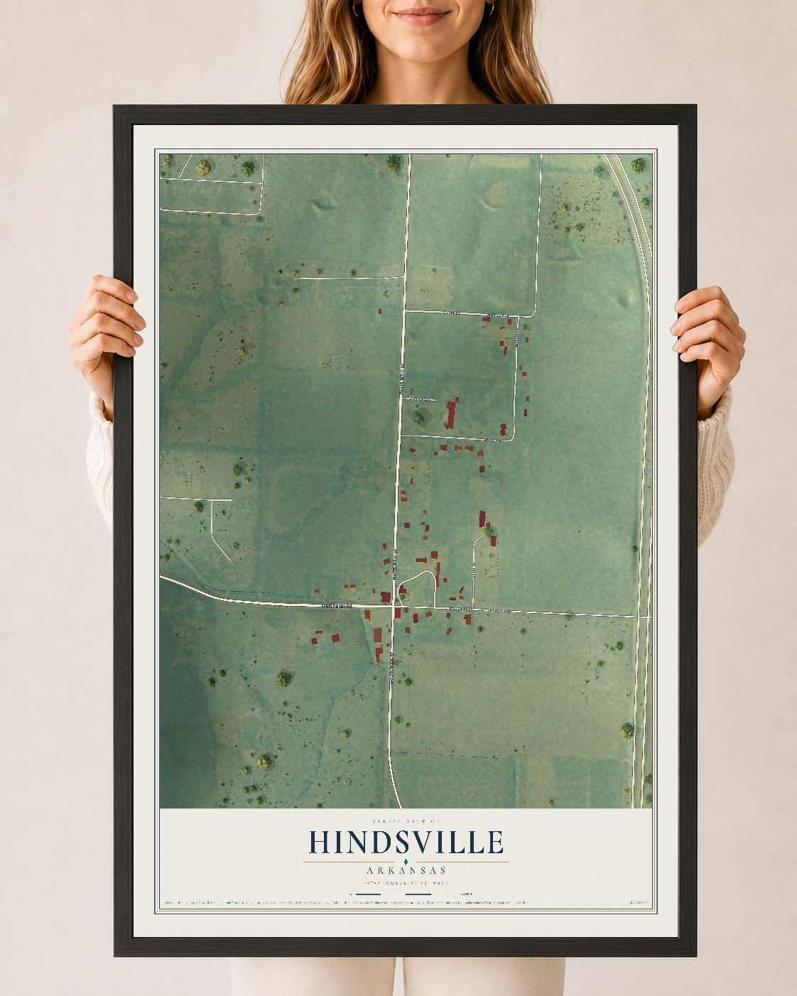 Map of Hindsville, Arkansas, 24 x 36 inch print in a black wood frame