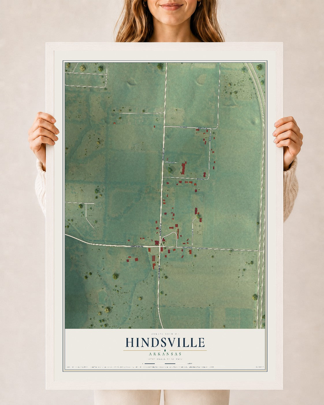 Map of Hindsville, Arkansas, 24 x 36 inch print in a white wood frame