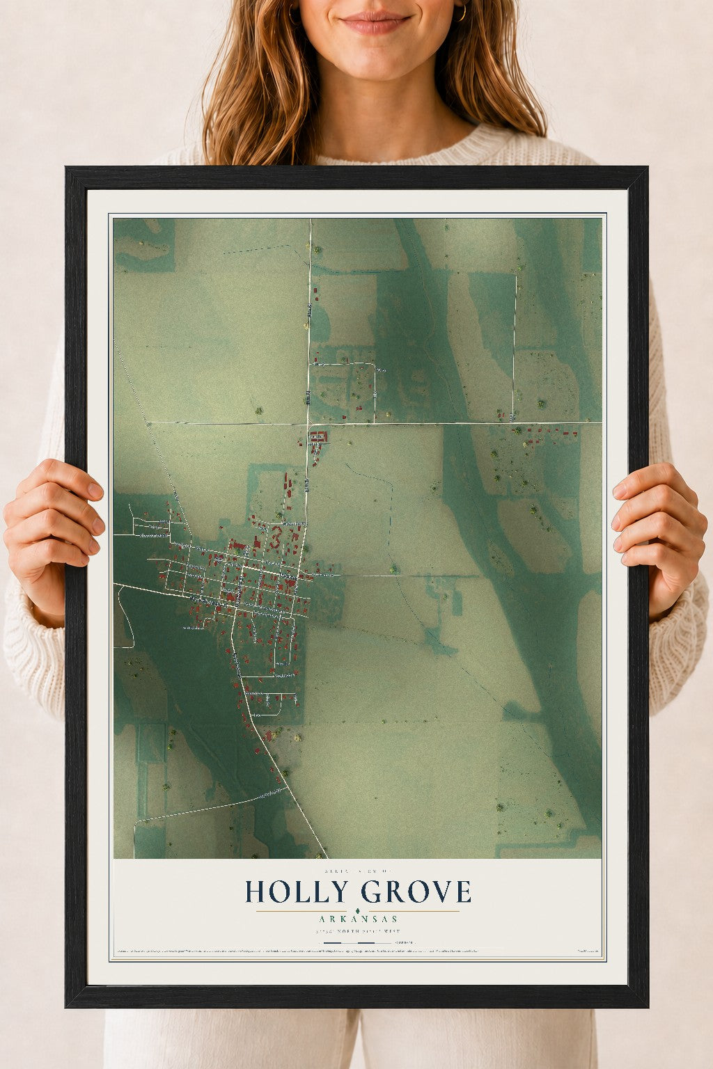 Map of Holly Grove, Arkansas, 18 x 24 inch print in a black wood frame