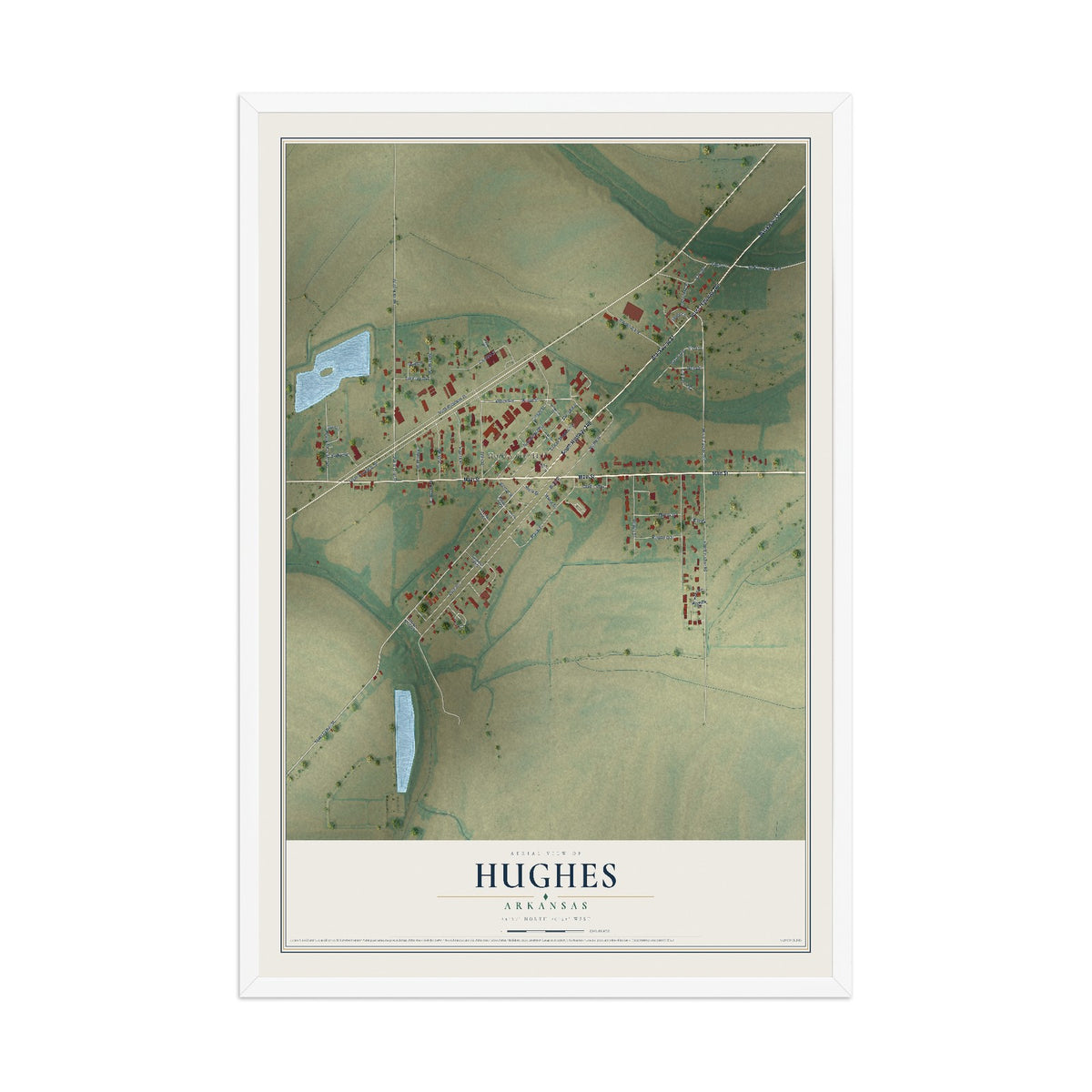Map of Hughes, Arkansas, 12 x 18 inch print in a white wood frame