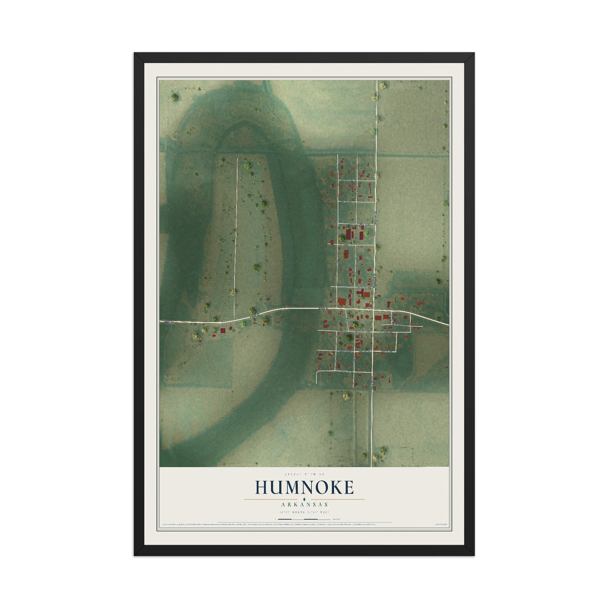 Map of Humnoke, Arkansas, 12 x 18 inch print in a black wood frame