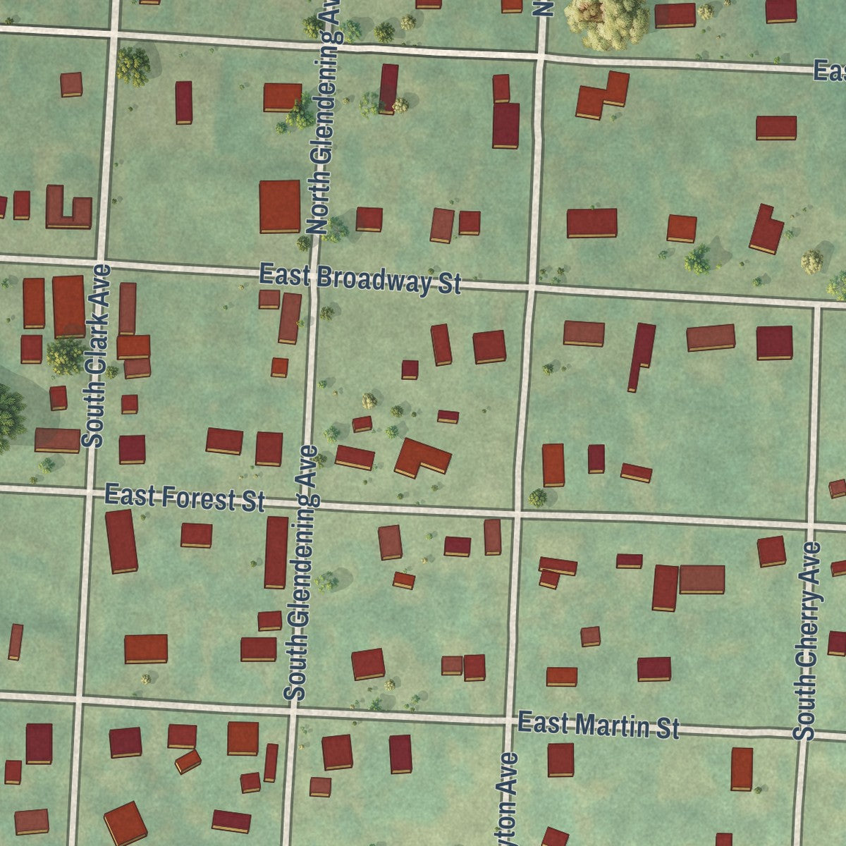 Close-up of the map of Huntington, Arkansas print showing street and building detail