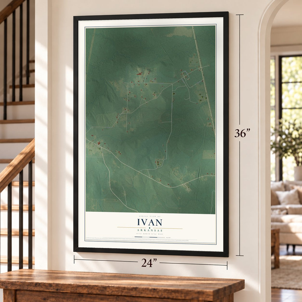 Ivan, Arkansas map, 24 x 36 inch print in a black frame by a staircase