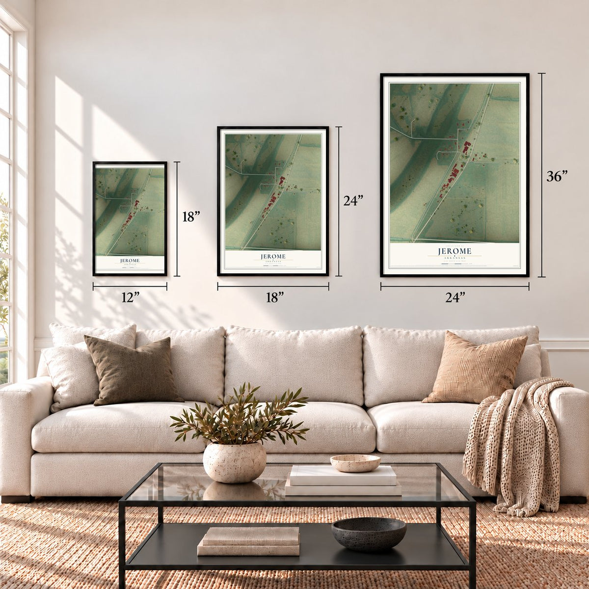 Jerome, Arkansas map in 12 x 18, 18 x 24 and 24 x 36 inch sizes above a sofa