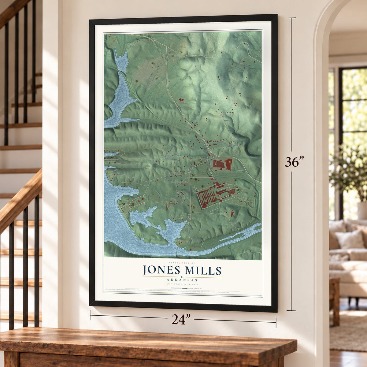 Jones Mills, Arkansas map, 24 x 36 inch print in a black frame by a staircase