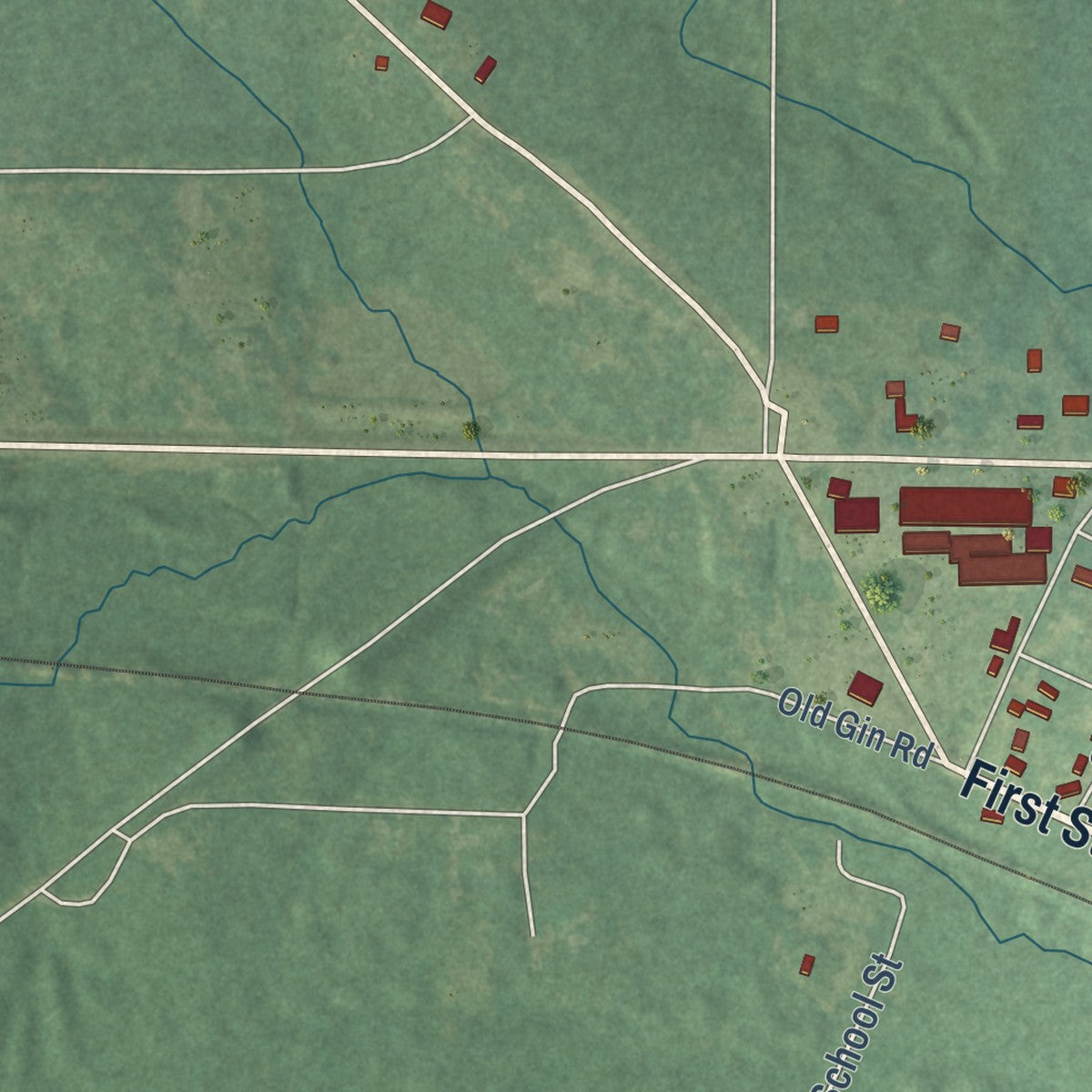 Second close-up of the map of Kingsland, Arkansas print showing more streets and buildings