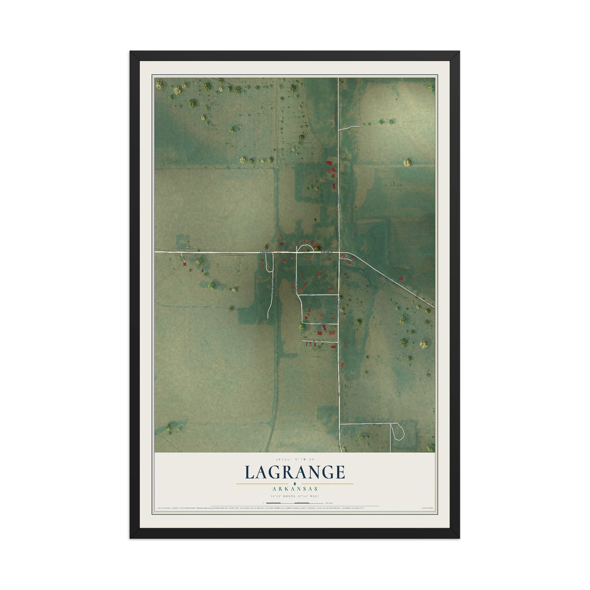 Map of LaGrange, Arkansas, 12 x 18 inch print in a black wood frame