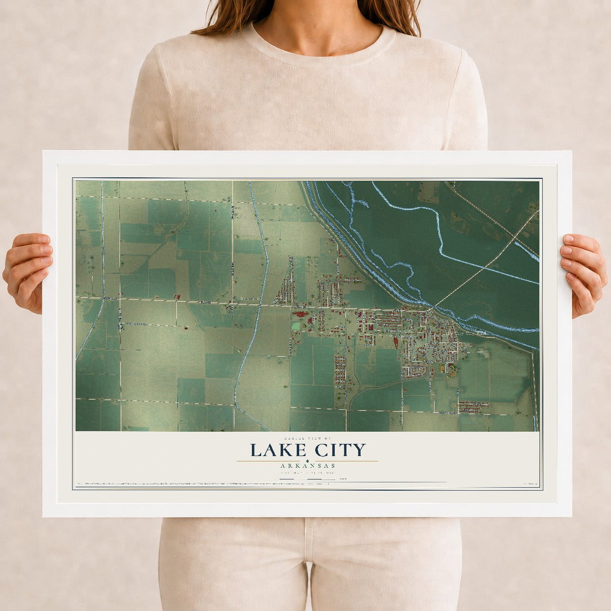 Map of Lake City, Arkansas, 12 x 18 inch print in a white wood frame