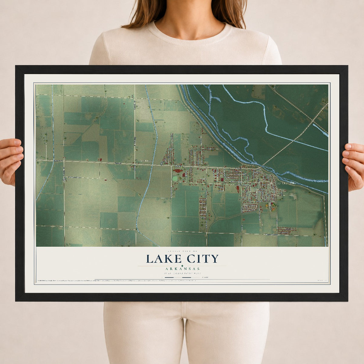 Map of Lake City, Arkansas, 18 x 24 inch print in a black wood frame