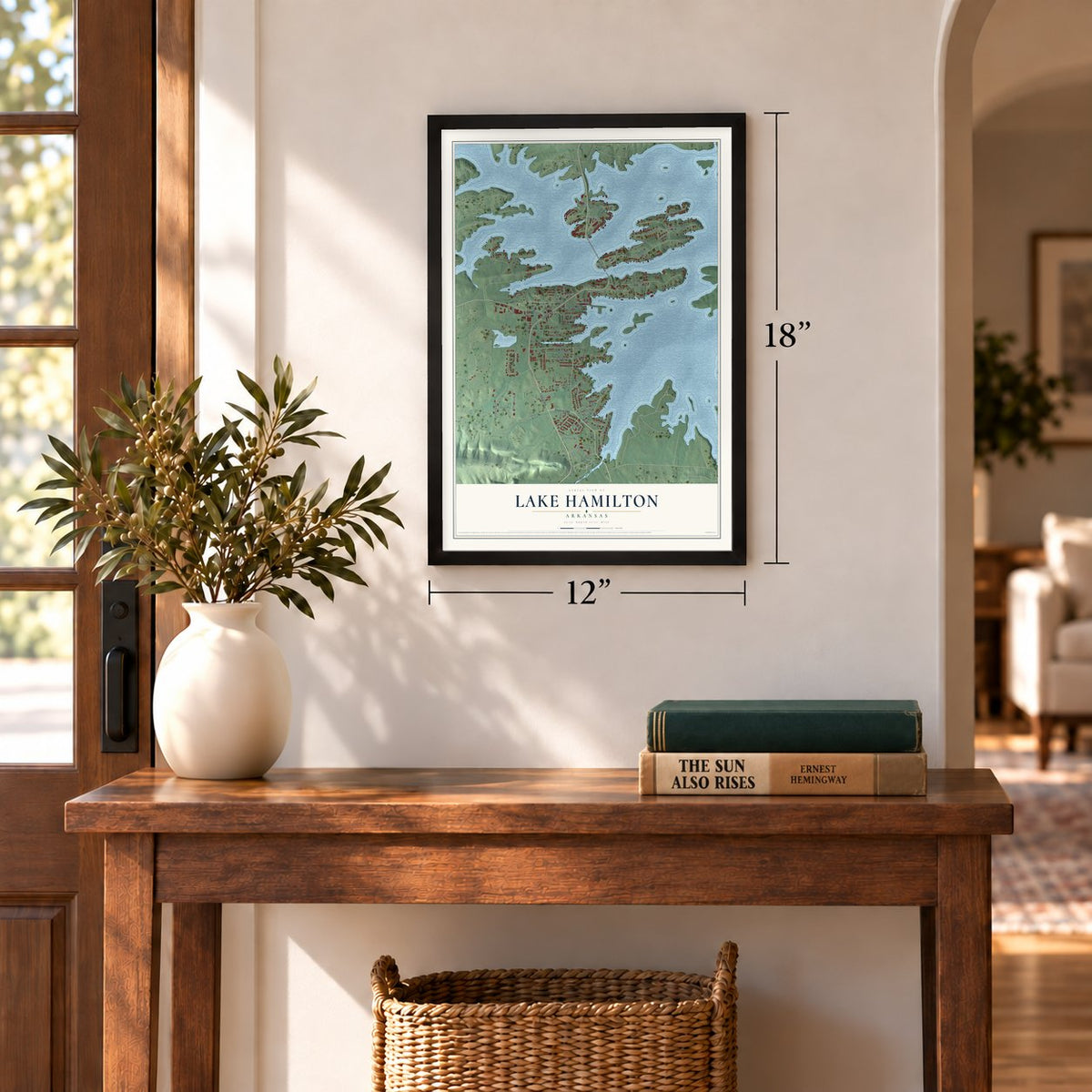 Lake Hamilton, Arkansas map, 12 x 18 inch print in a black frame in an entryway