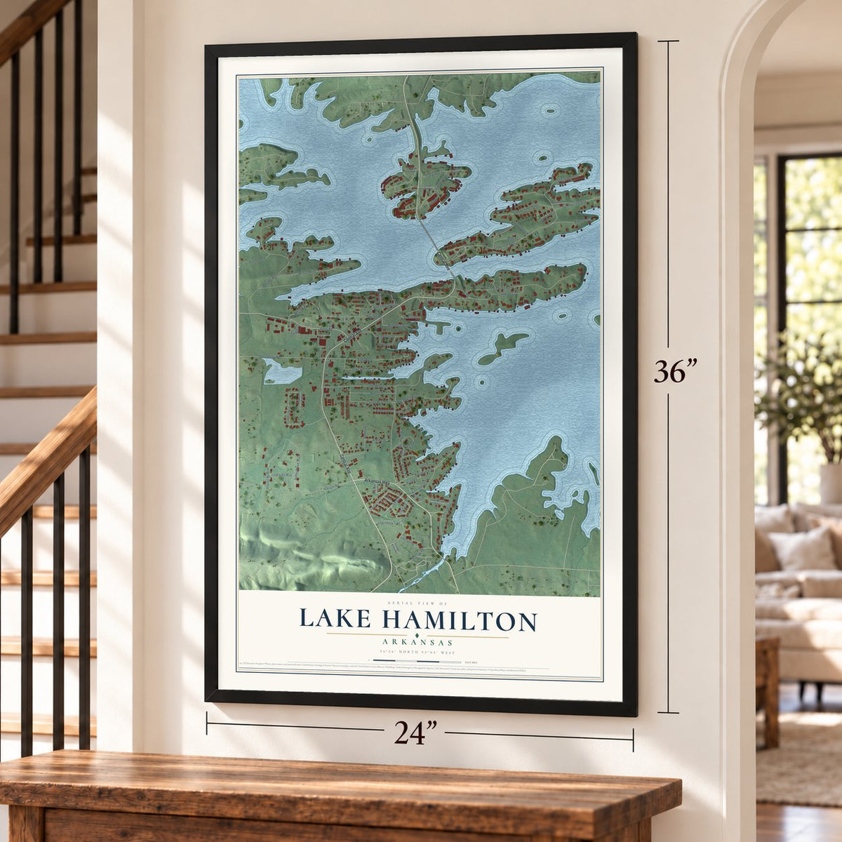 Lake Hamilton, Arkansas map, 24 x 36 inch print in a black frame by a staircase