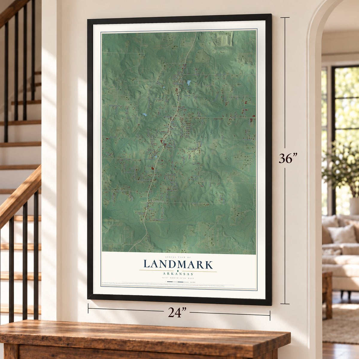 Landmark, Arkansas map, 24 x 36 inch print in a black frame by a staircase