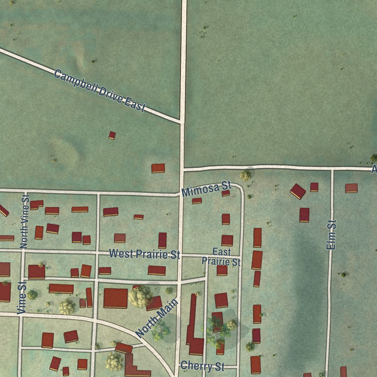 Close-up of the map of Lead Hill, Arkansas print showing street and building detail
