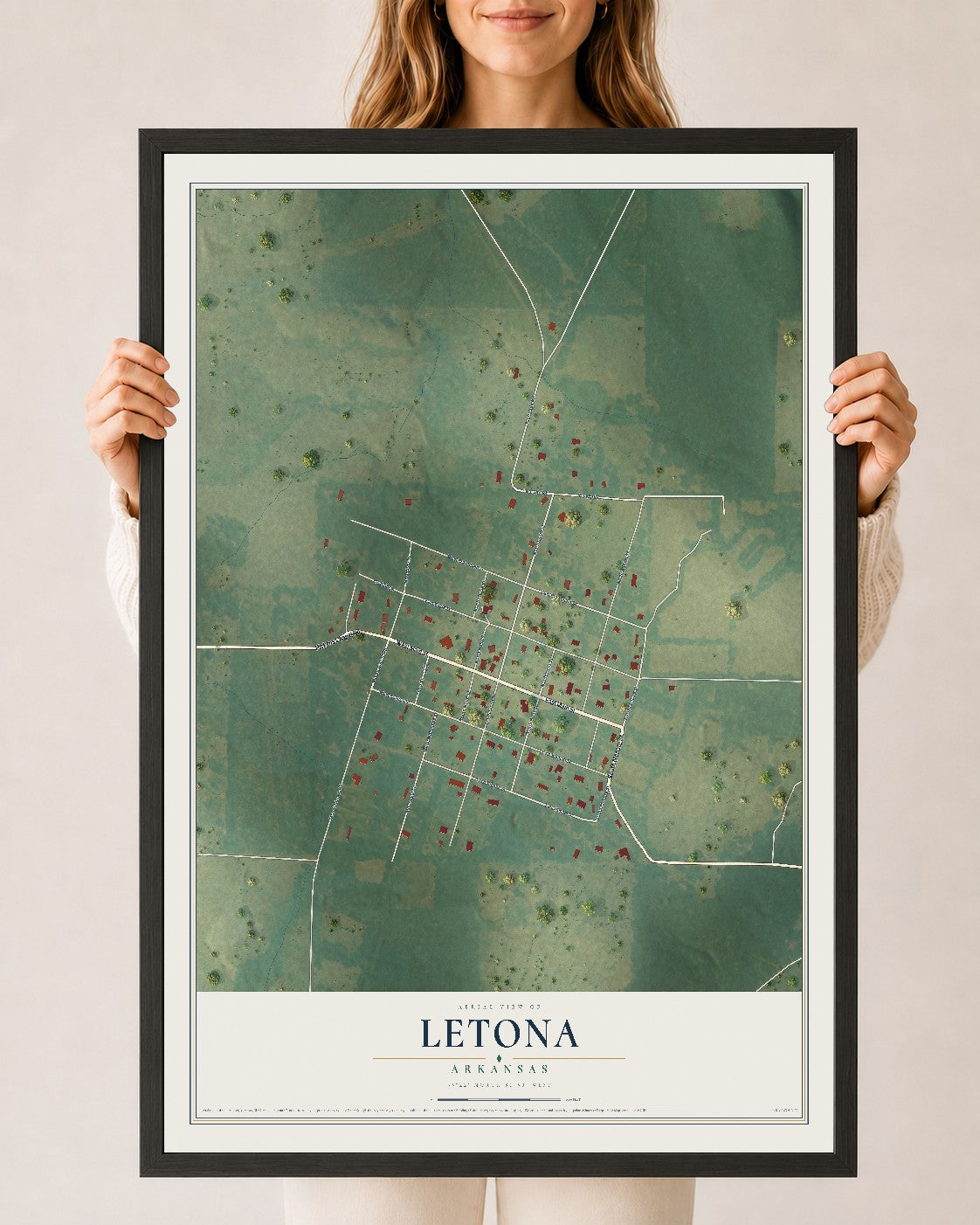 Map of Letona, Arkansas, 24 x 36 inch print in a black wood frame